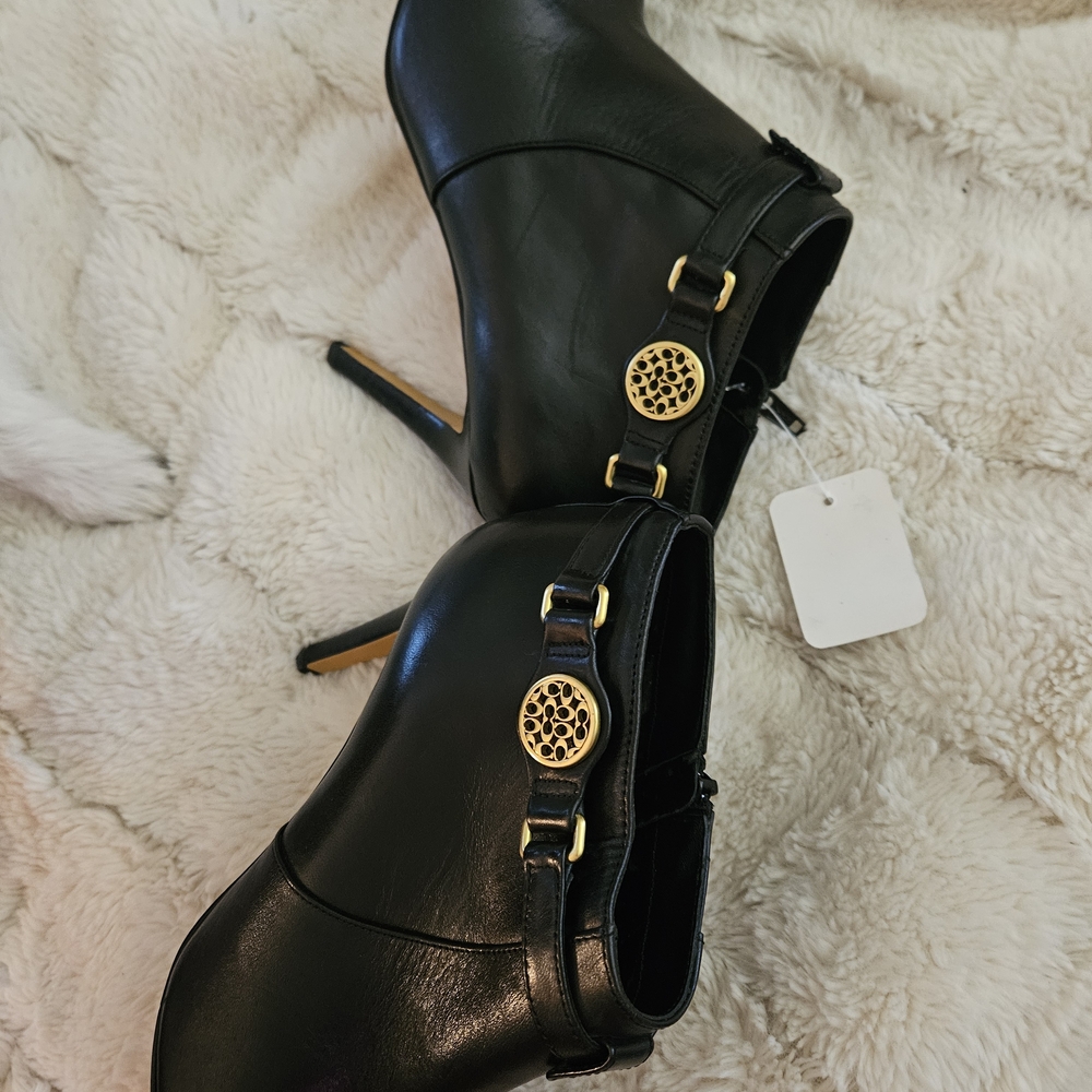 Coach Black Leather Ankle Boots with Gold Accents - Picture 8 of 8